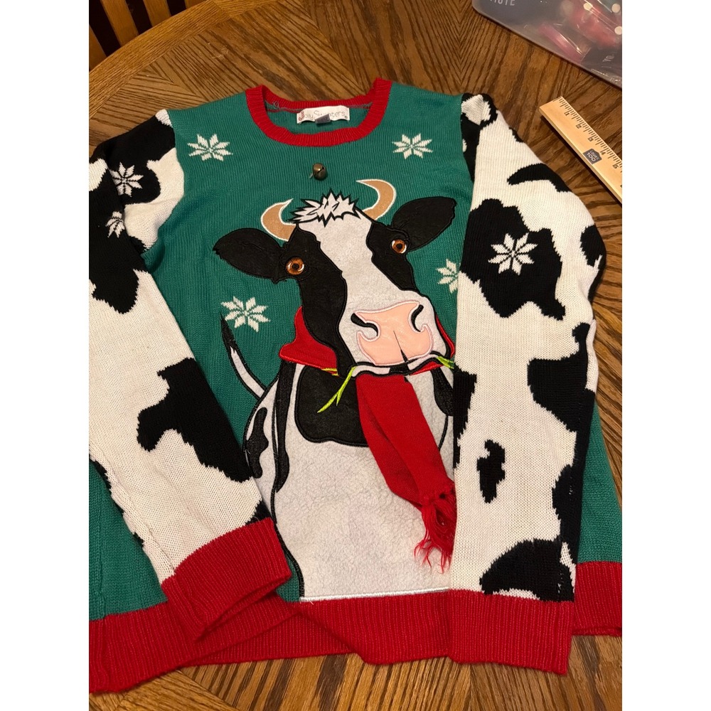 Jolly Sweaters Cow Ugly Christmas Sweater Green Red 3D Scarf Jingle Bell Large